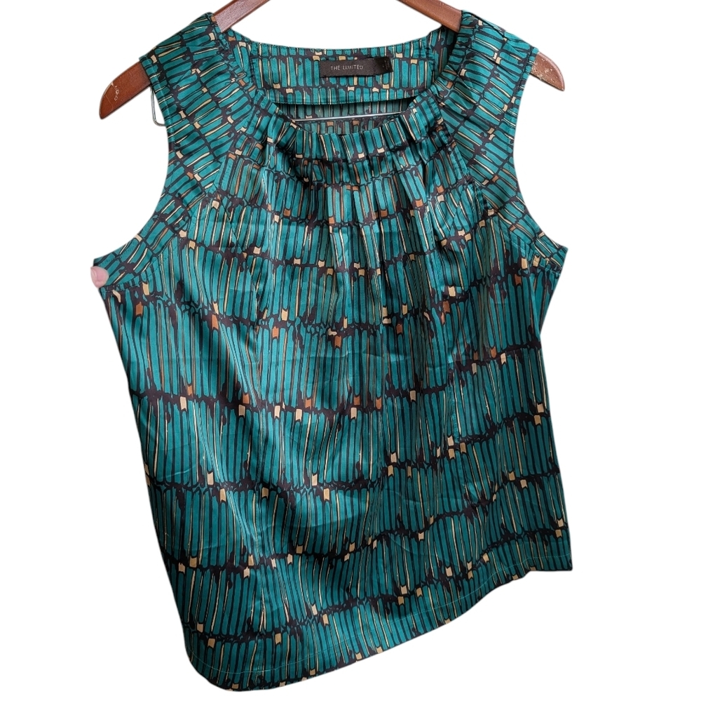 The Limited Green Satin Sleeveless Patterned Blouse Size Large